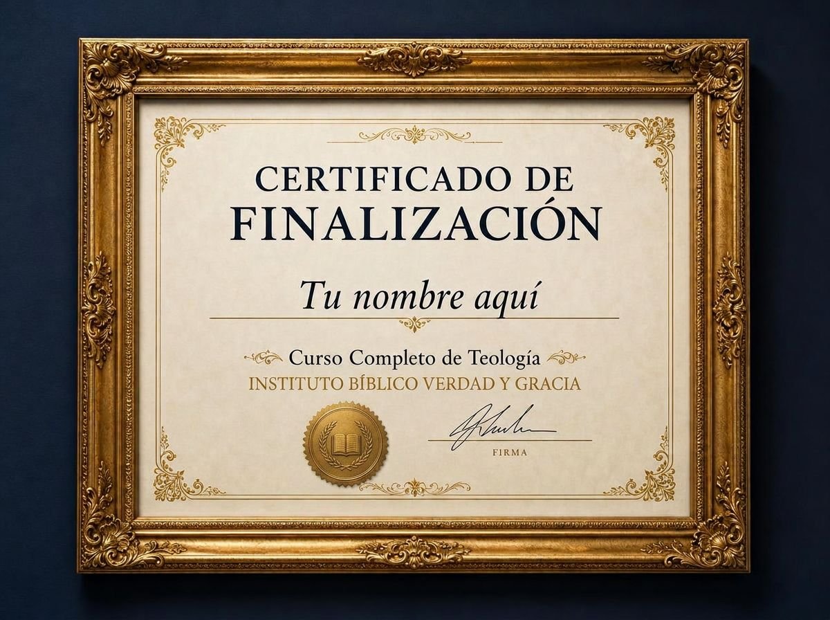 Certificado de finalización del curso de teología en marco dorado con el espacio Tu nombre aquí