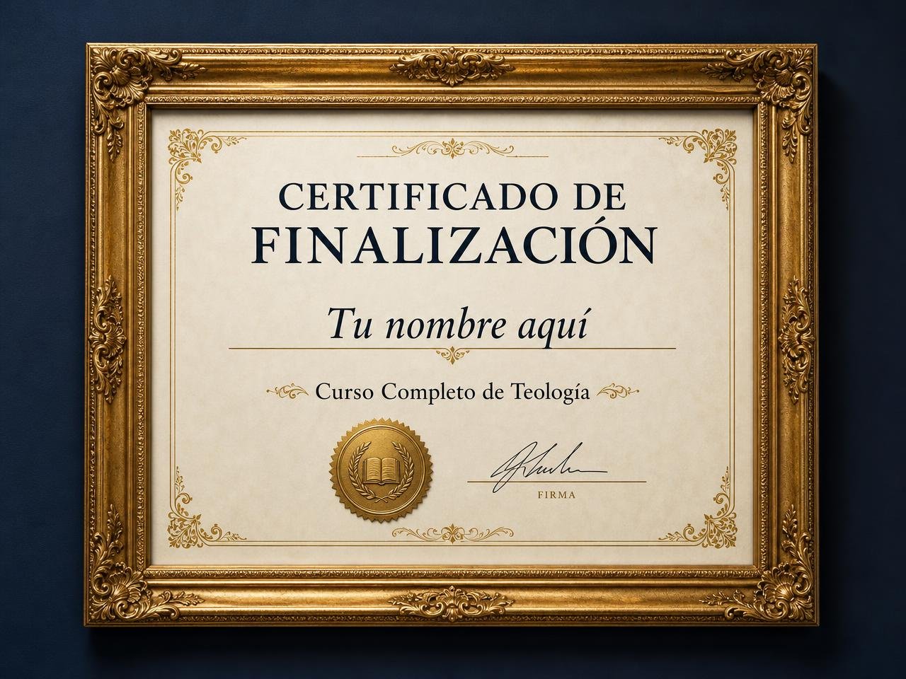 Certificado de finalización del curso de teología en marco dorado con el espacio Tu nombre aquí
