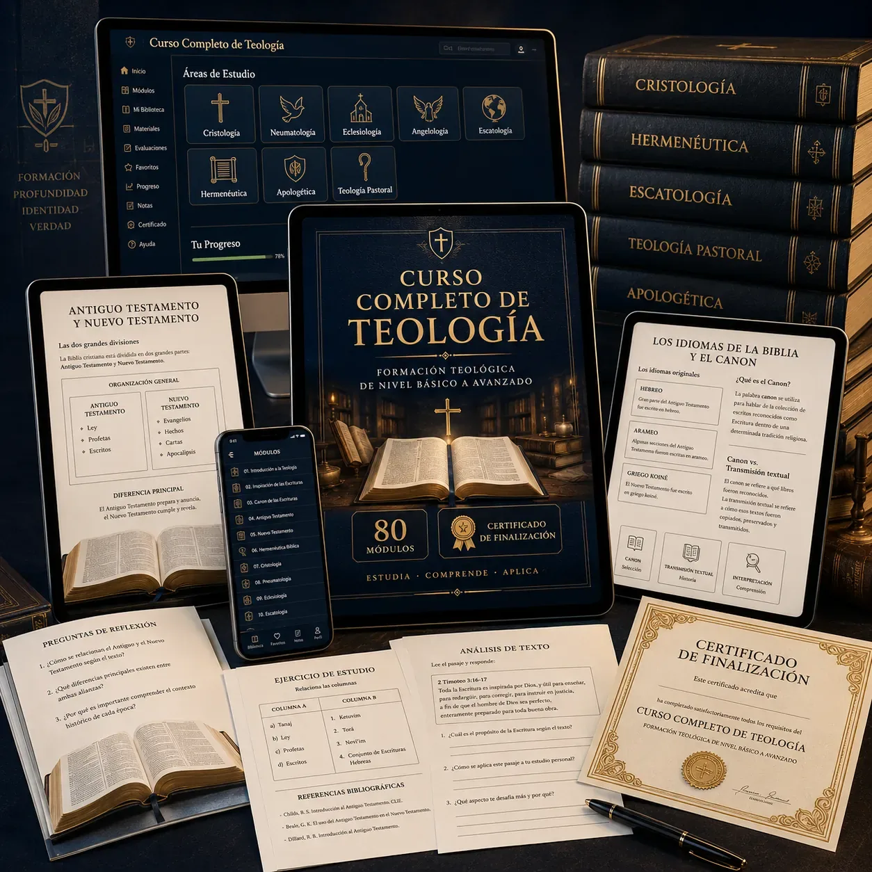Todo lo que recibes: módulos de formación teológica en laptop, tablets y celulares, materiales complementarios y certificado enmarcado