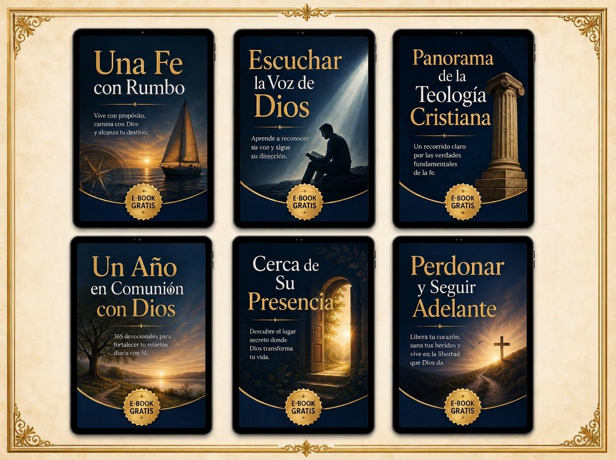 Seis e-books cristianos de regalo mostrados en tablets